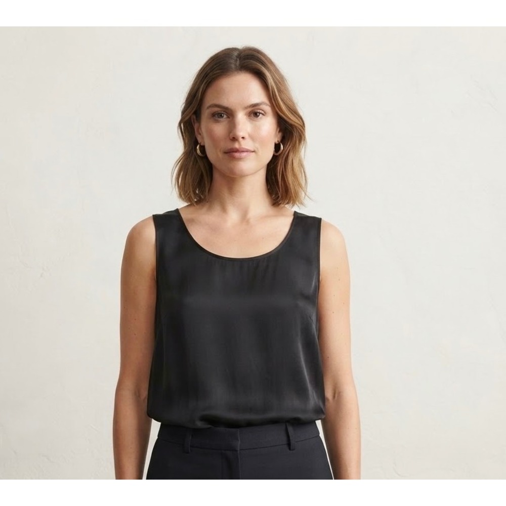 Quince Women XL Black Stretch Silk Tank Top Scoop Neck Sleeveless Satin Shell